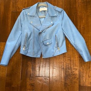 Zara Crop Faux Lesther Moto Jacket Sky Blue Small